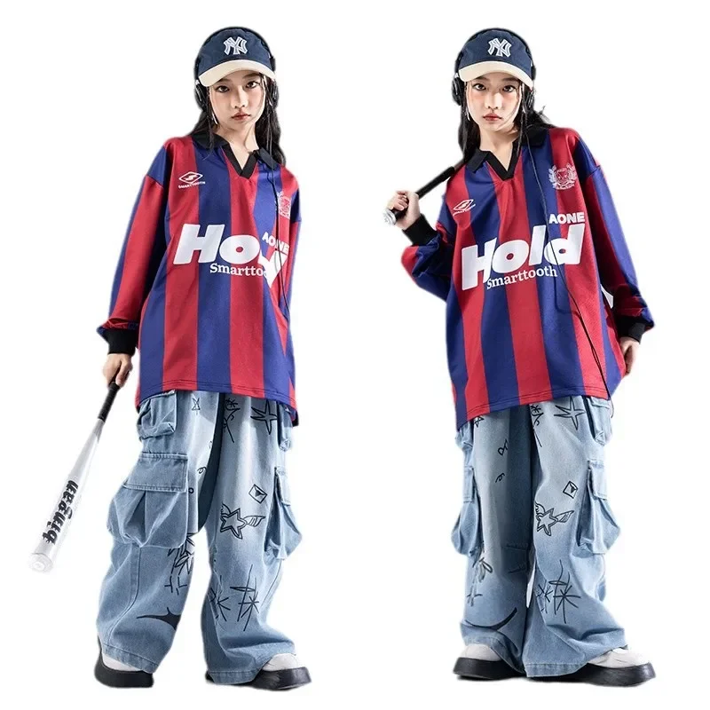 Jungen Hip Hop Streifen Sweatshirt Jogger Hosen Mädchen Lose Streetwear Kinder Kleidung Sets Kinder Jazz Street Dance K-pop Kostüme