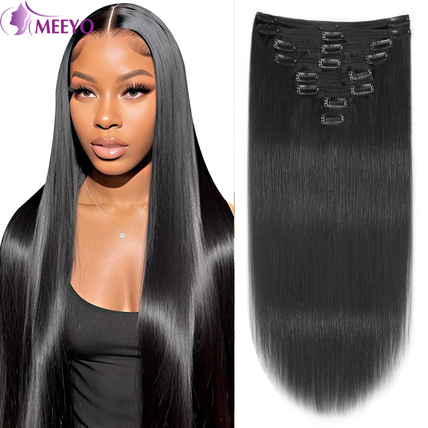 Clip na extensão do cabelo para as mulheres, cabelo humano, reto, sem costura Clip Ins, cor natural, cabeça cheia, 18 polegadas, 20 polegadas, 22 polegadas, 8 pçs/set, # 1B