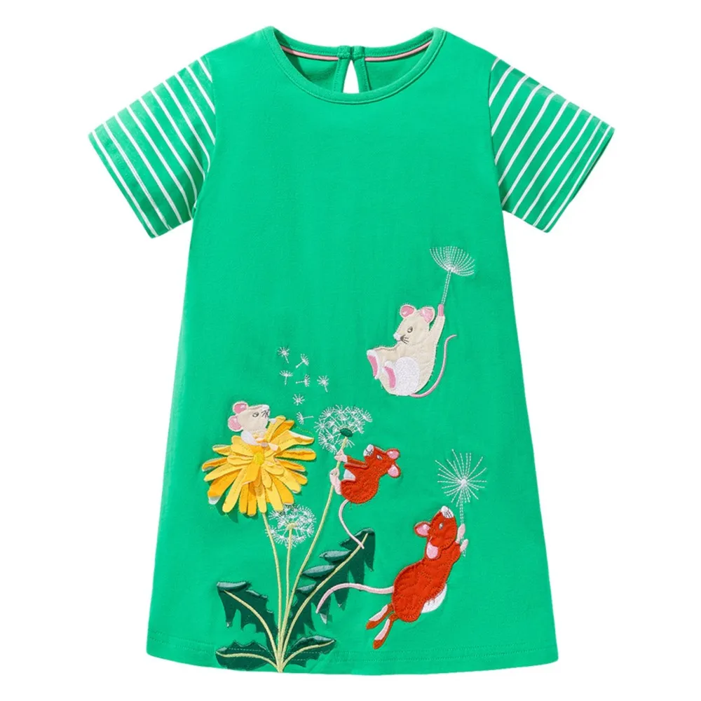 

Girls' Green Short - Sleeve Dress - with Striped Sleeves and Mouse & Dandelion Embroidery - Suitable for Ages 2-7y