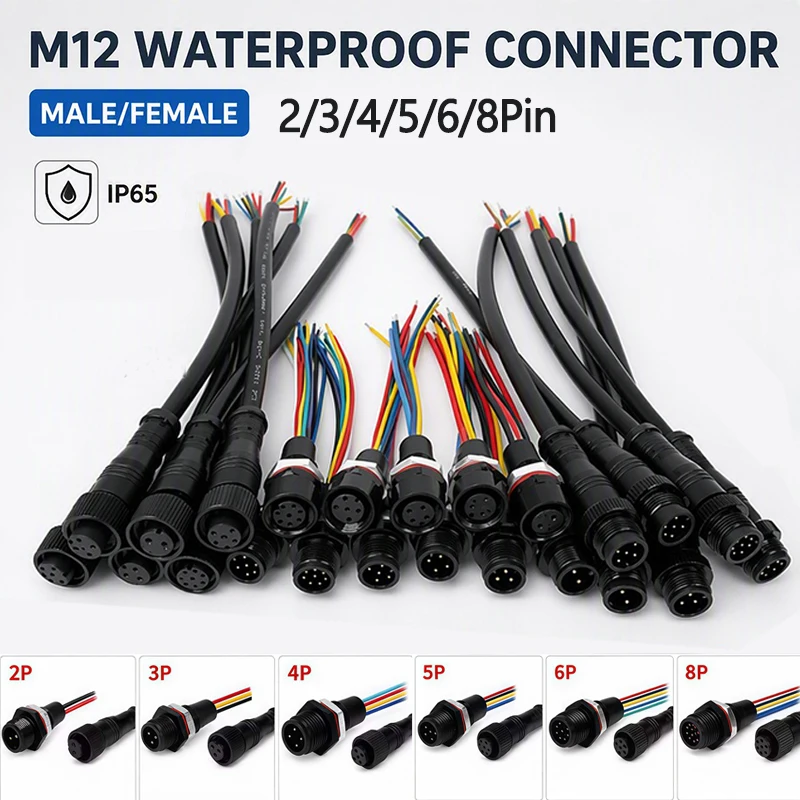 5PCS M12 Waterproof Panel Mount Connector 2 3 4 5 6 8Pin Male Plug Female Socket IP65 Metal Prewired Cable for Automation Sensor