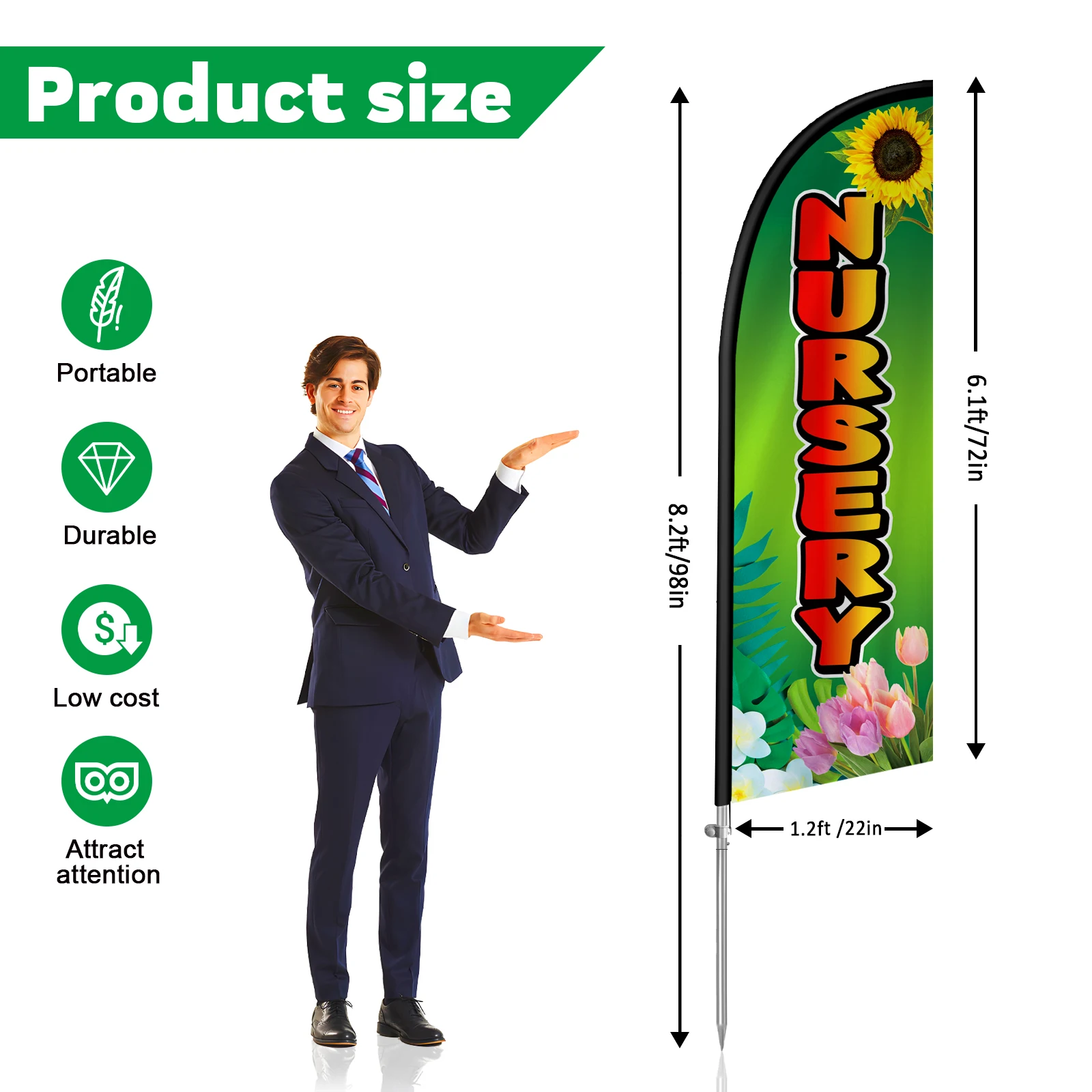 FSFLAG-The Nursery Feather Flag with Aluminum Flagpole, Advertising Outdoor Banner Decoration for Business, 280cm,1Pc