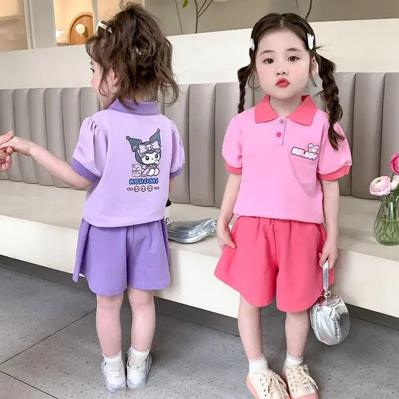 

Sanrios Kuromi Short Sleeve 2Pcs Girls Kids Summer New Style My Melody Cartoon Print Lapel Suit Fashion Baby Purple Shorts Hot