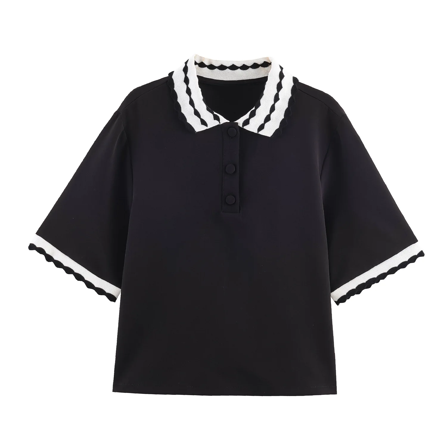 Women's Fashion Casual Short Sleeve Color Block Collar Women's Top White Collar Cuffs Half Button Short Sleeve Blouse Style 676Q