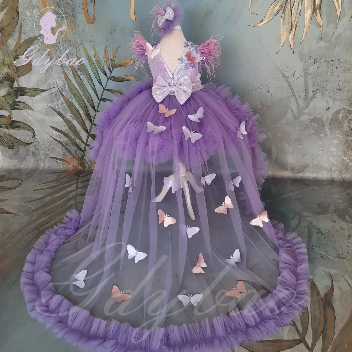 Vestido florista roxo com lantejoulas e laço, vestido de baile, Applique 3D, Inchado, Pena, Bebê, Criança, Aniversário, Primeira Comunhão