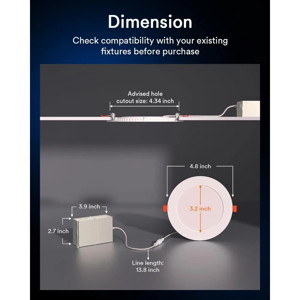 Iluminación empotrada inteligente, luces empotrables LED sin can de 4 pulgadas, 9W, 780lm, luz empotrada LED que cambia de Color, luces de techo Wi-Fi y Bluetooth