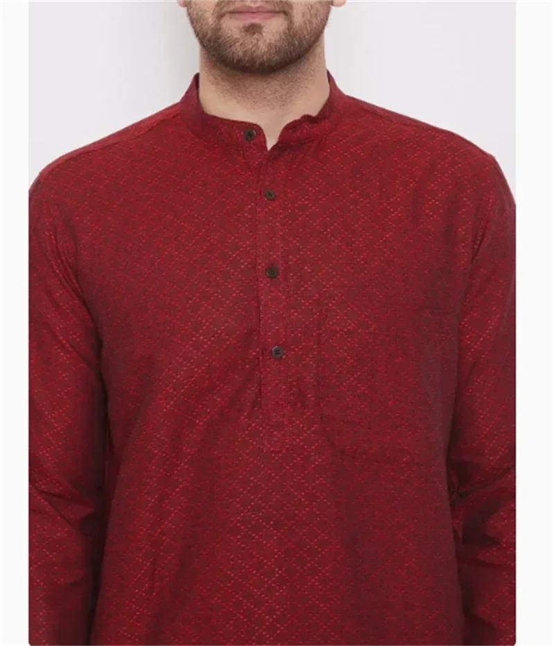 Indo Pakistani style pure cotton long sleeved casual ethnic style men\'s thin men\'s top with dark embroidery in jujube red color