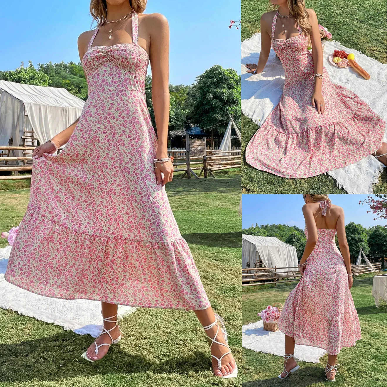 

Print Neck Mounted Dress Women Long Dresses Sexy Loose A Line Vestidos Loose Fit Ankle Length 2025 Summer Spliced Patchwork