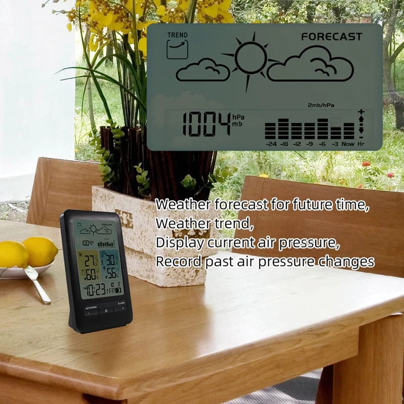 Wireless Table Weather Station Color LCD Digital Temperature Humidity Monitor Moon Phase Barometer Forecast Sensor Alarm Clock