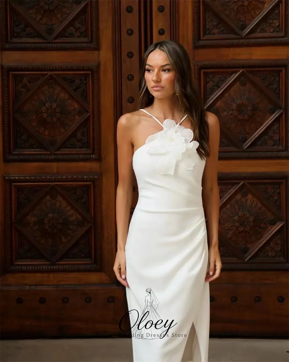 OLOEY Elegant Halter 3D Flower Satin Wedding Dresses For Woman Sleeveless Side Slit Pleat Straight Midi Bridal Gown Customized