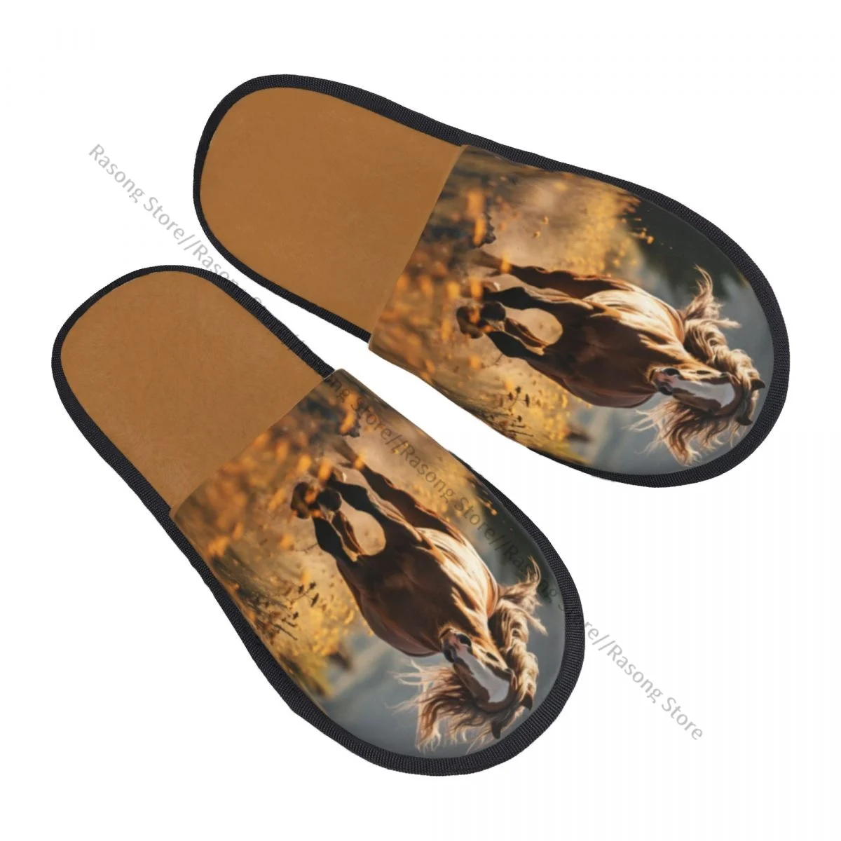 Winter Women Men Non-Slip Flat Slippers Horse Running On The Field At Sunset Indoor Fur Soft Warm Shoes