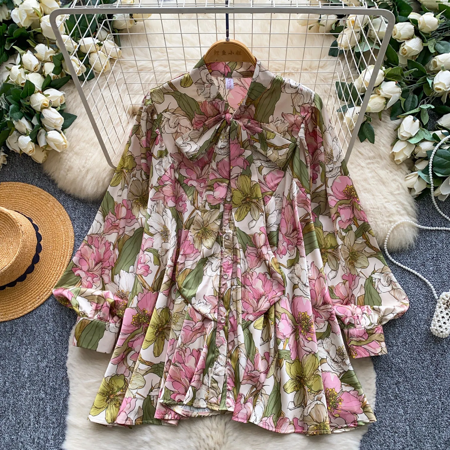 Summer Clothing In French - Zarif Kravat Düğümlü Fiyonklu Çiçekli Bluz
