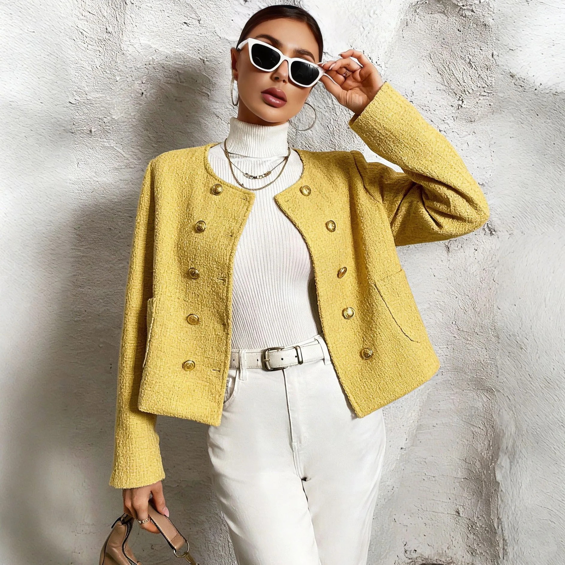 French Style Gold Double Breasted Tweed Jacket Women Spring Autumn Round Neck Short Outerwear Female Elegant Long Sleeve Jackets