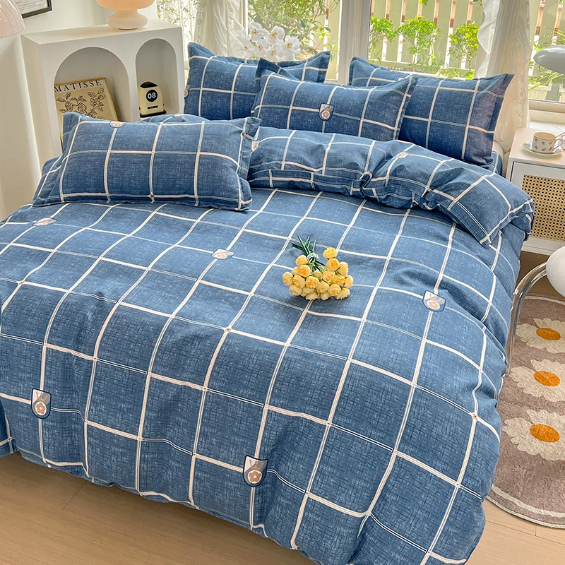 Checker Geometric Duvet Cover Set Queen Size Blue Reversible Plaid Comforter Covers Soft Grid Simple Bedding Sets Bedroom Decor