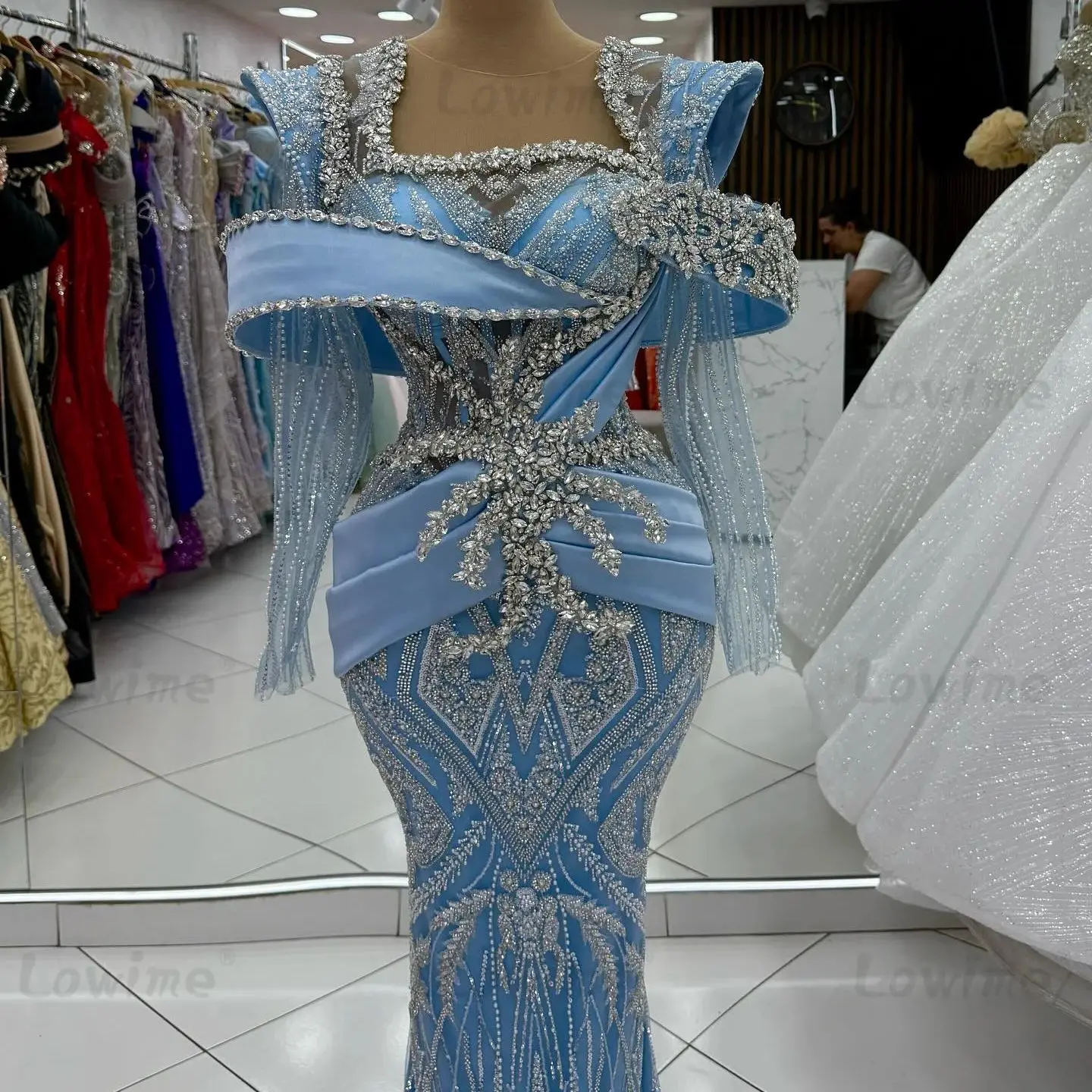 

2026 Блестящие кристаллы Синие платья для выпускного вечера Индивидуальное вечернее платье русалки с длинными рукавами для свадьбы Вечерние платья из бисера в арабском стиле