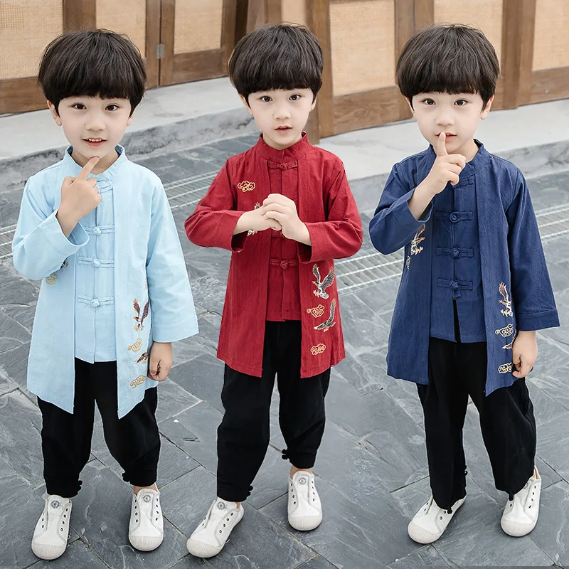 New Chinese Style Retro Printing Ancient Boys Hanfu Children Lovely Two-piece Pant Sets Kids Role Play Vintage Button Costume