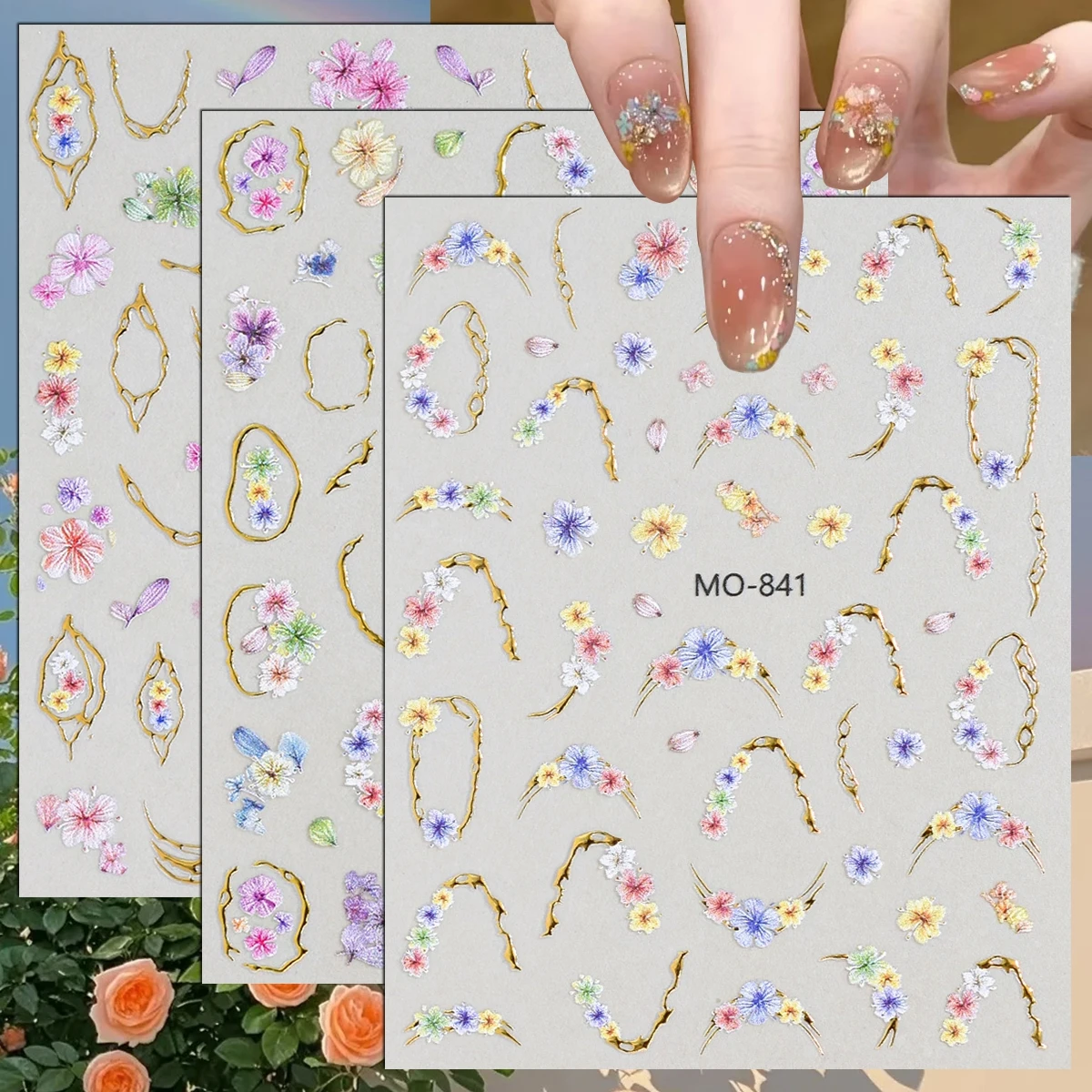 3 to 15 Sheets 5D Floral Gold Frame Nail Stickers Colorful Flower Decals Self Adhesive Spring Fairy Nail Art