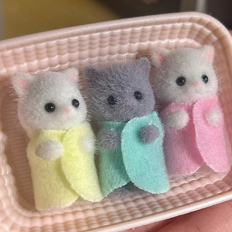 Anime Sylvanian Families Figures Persian Cat Triplet Baby Set Cute Flocking doll Desktop decoration Children Toys Birthday Gifts