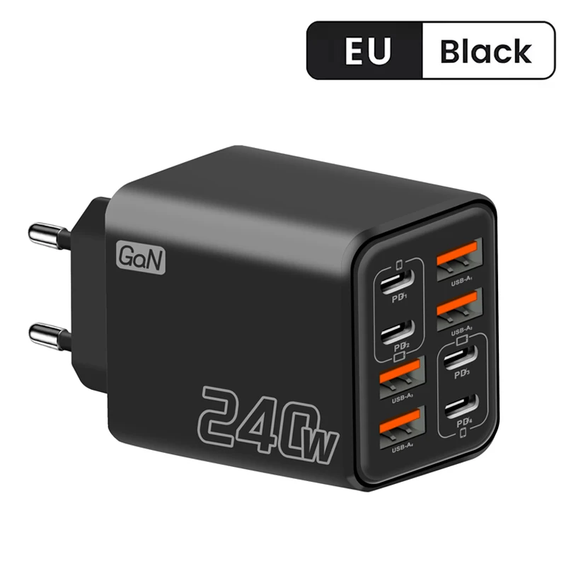 240W GaN USB-C-Ladegerät 8-in-1 Schnellladegerät für iPhone, Samsung, Xiaomi, Typ-C, EU/US-Stecker, Wandladegerät
