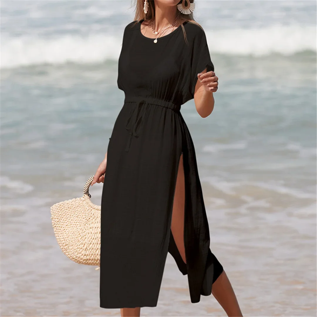 Sexy Short Sleeve High Split Crochet Knitted Tunic Beach Cover Up Cover-ups Beach Dress Beach Wear Beachwear Female Women V5617