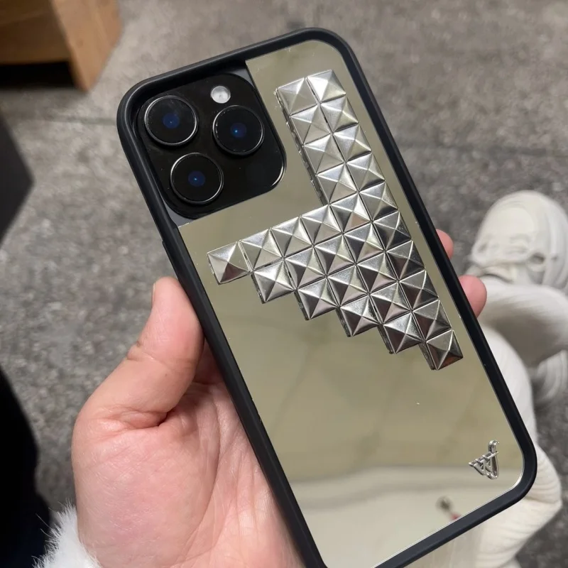 

2026 Wildflower 3D silver solid rivet girl makeup mirror face Cases Phone Case for iPhone 16 15 14 13 12 17Pro Max Plus WF Cover