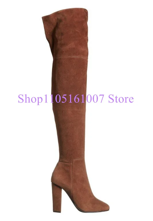 

Brown Color Suede Chunky Heel Woman Long Boots Fashion Round Toe Thin Legs Lady Knee High Boots Large Size Banquet Shoes