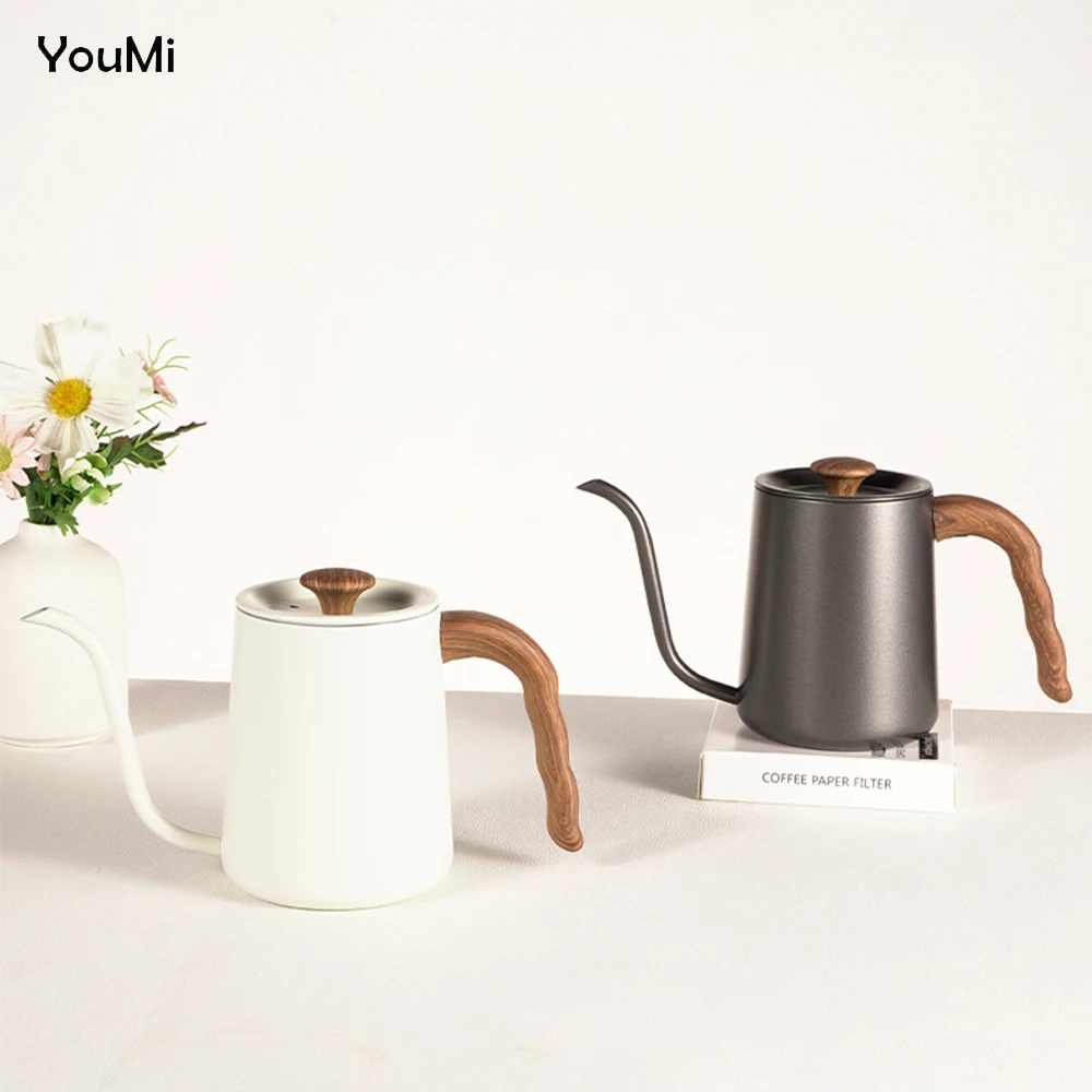 YouMi YM31 600ML 304 Stainless Steel Wood Grain Handle Long Narrow Spout Drip Pour Over Coffee Pot Tea Kettle White Black