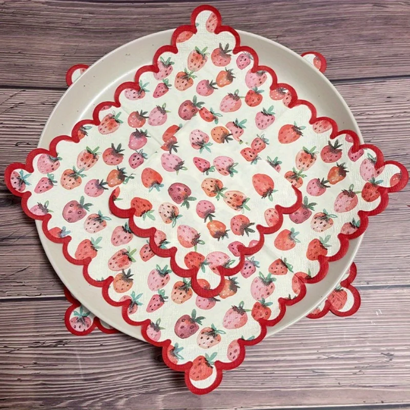 20sheets Strawberry Red Paper Napkins | Decorative Scalloped Edges, 25cm, Perfect for Thanksgiving ,Birthday, Weddings,party