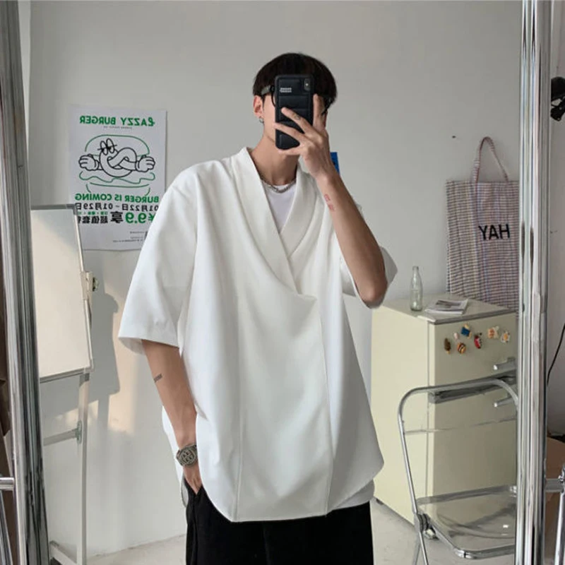 Japanese Style Streetwear Thin Oversized Summer V Neck Short Sleeve Men Sweatshirt Fashion Harajuku Casual T Shirt White Black