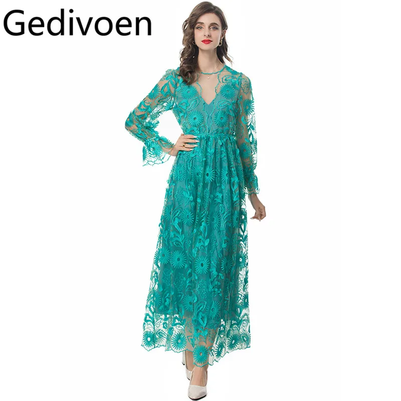 Gedivoen Summer Fashion Runway Designer Dresses Women's Bohemian Solid Color Flowers Embroidery Net Yarn Sexy Flutter Dresses