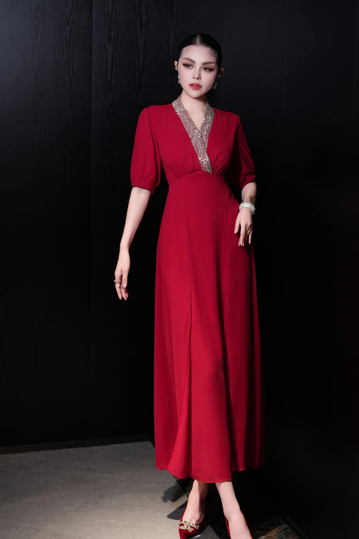 Meyyithun vestido feminino com decote em v frisado manga curta vermelho midi vestido formal sofisticado festa roupas femininas 1117m01