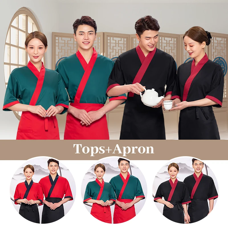

Black/Red Short Sleeve Cook Shirt + Chef Apron Japanese Korea Restaurant Work Wear Suit Chef Uniform Sushi Food Service Clothes