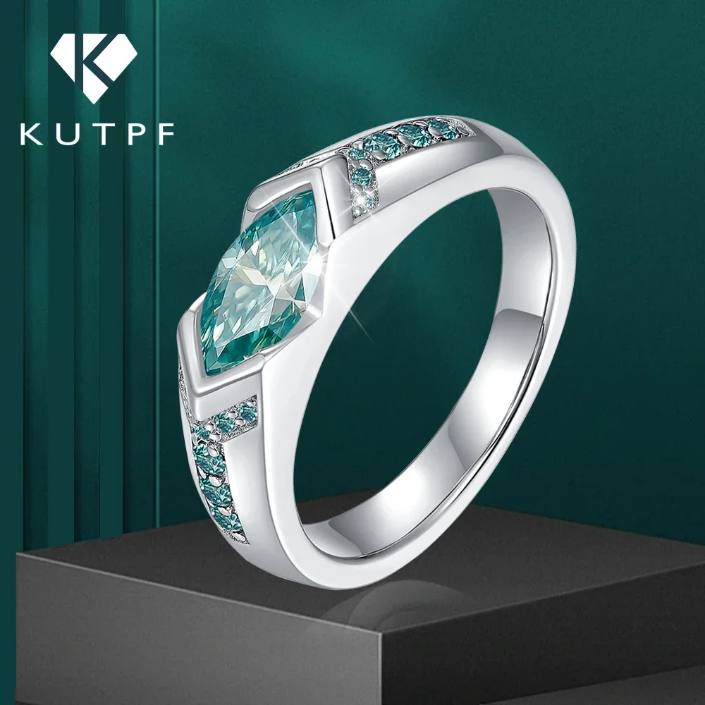 

Bluish Green Marquise Cut Full Moissanite Diamond Ring S925 Sterling Silver Plated 18k Gold Unisex Hiphop Ring for Women Men