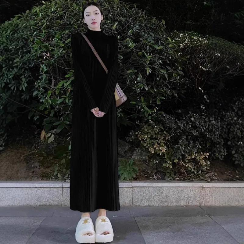 Novo casaco com camada de base, outono e inverno grosso reto gola alta vestido de pele longa, vestido de malha solta feminino elegante