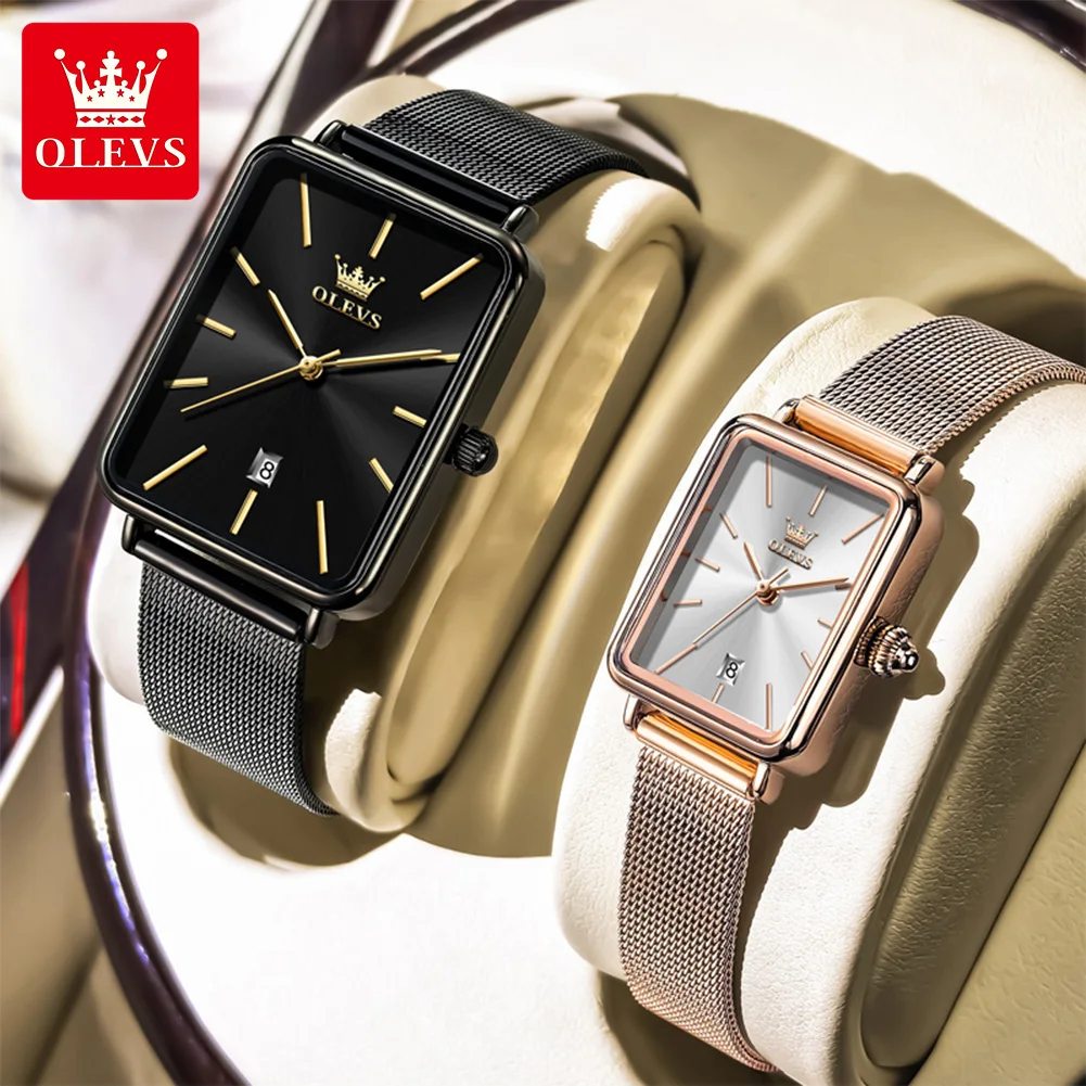 OLEVS 3692 Couple Watch Brand Simple Square Quartz Watch Ultra Thin Waterproof Luminous Calendar Men Women Dating Couple Watch