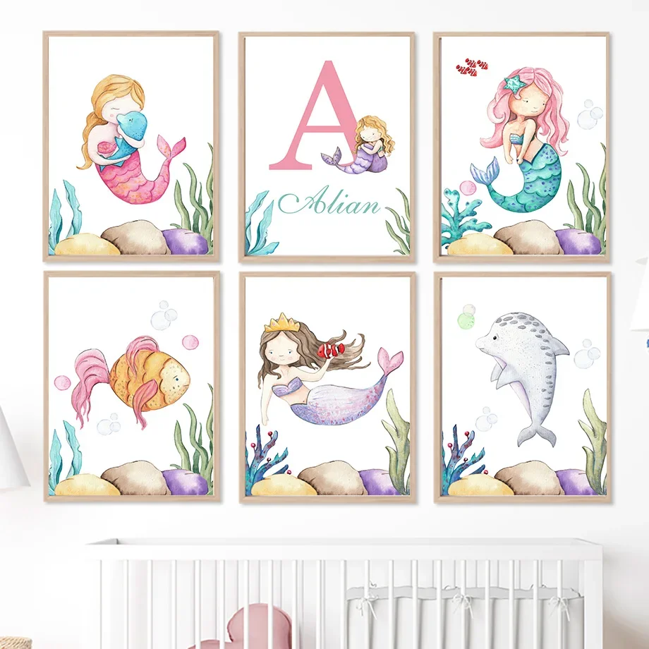 

Mermaid Fish Dolphins Seahorse Coral Custom Name Ocean Wall Art Canvas Painting Posters And Prints Wall Pictures Kids Room Decor