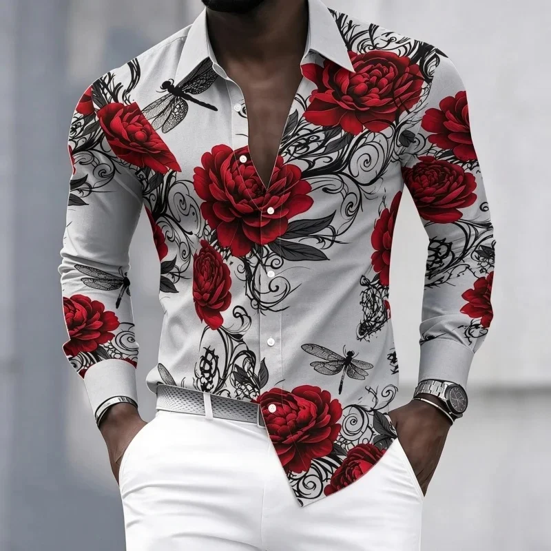 Men's Long-Sleeved Shirt with Rose and Dragonfly Print, Perfect for Everyday Wear, Outings, Parties, and Trendy Personal Style