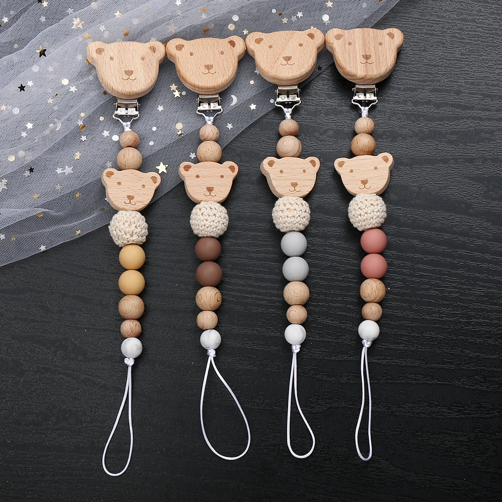 New  Wood Chew Silicone Beads Pacifier Clips Dummy Chain Holder Newborn Soother Chains Nipple Holder Infant Teething Toys Gifts