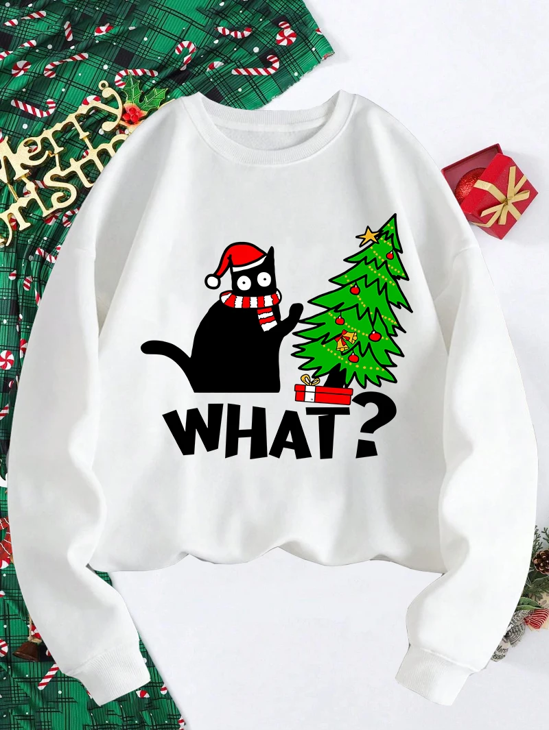 Christmas Sweatshirt Women What Black Cat Printing Casual Hoodie Crewneck Loose Fleece Pullover Winter Warm Tops Woman Clothes