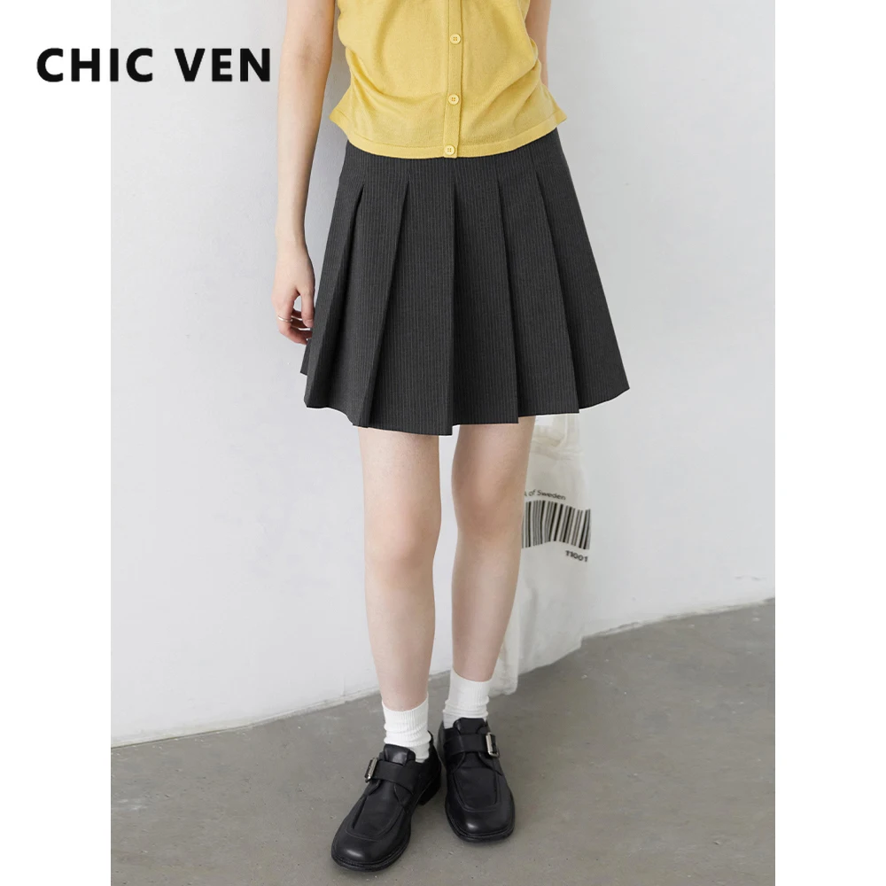 

CHIC VEN Women Skirts Korean High Waisted A-line Stripe Ladies Pleated Short Skirts with Safety Pants Spring Autumn New 2025