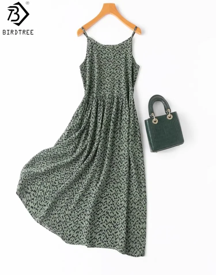 

BirdTree 100% Mulberry Silk Green Printing Dress,Woman Double Crepe Sleeveless Loose Suspender Dresses, 2025 New D57337JF