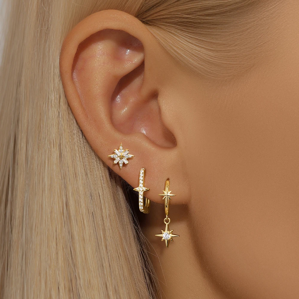 

LENNIK 100% 925 Silver Women Earring Gold New Fashionable Zircon Octagonal Star Snowflake Square Earrings Holiday party jewelry