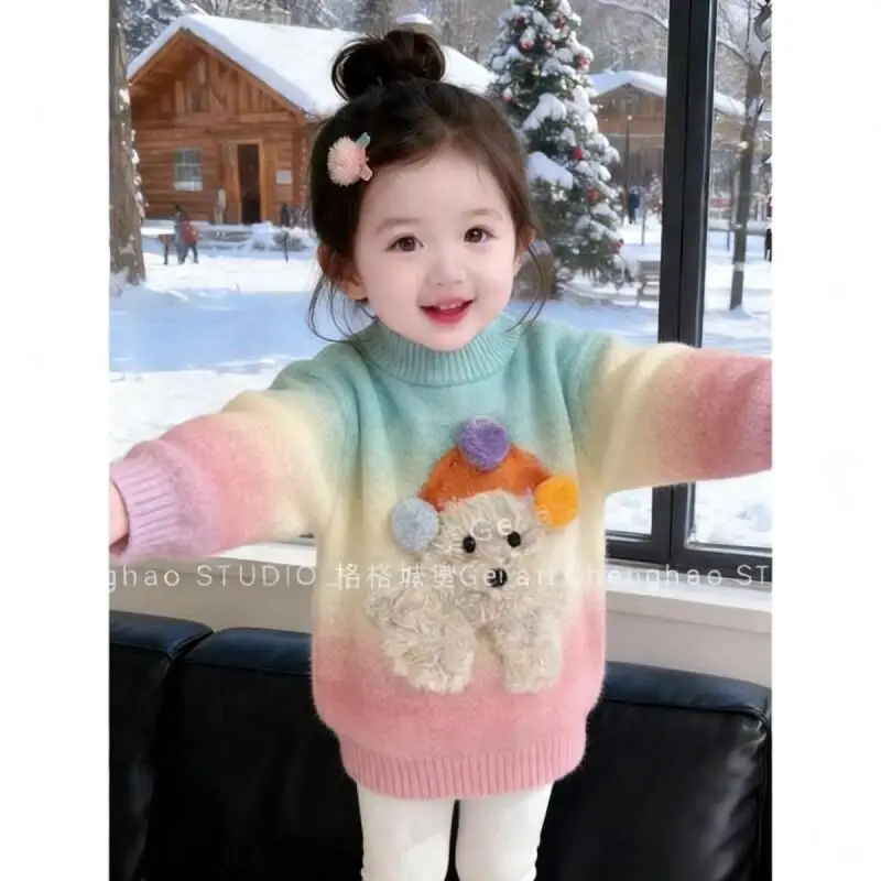 

2025 New Korean Style Girls Spring Set Colorful Stripes Knitted Sweater Dopamine Leggings Two-Piece Casual Outfit for Girls