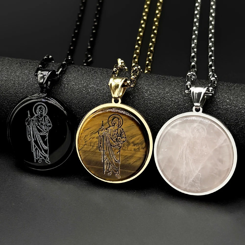 San Judas Tadeo Tiger Eye Stones Necklace Pendant Stainless for Women Men Steel Chain Saint Jude Thaddeus Jewelry Party Gift