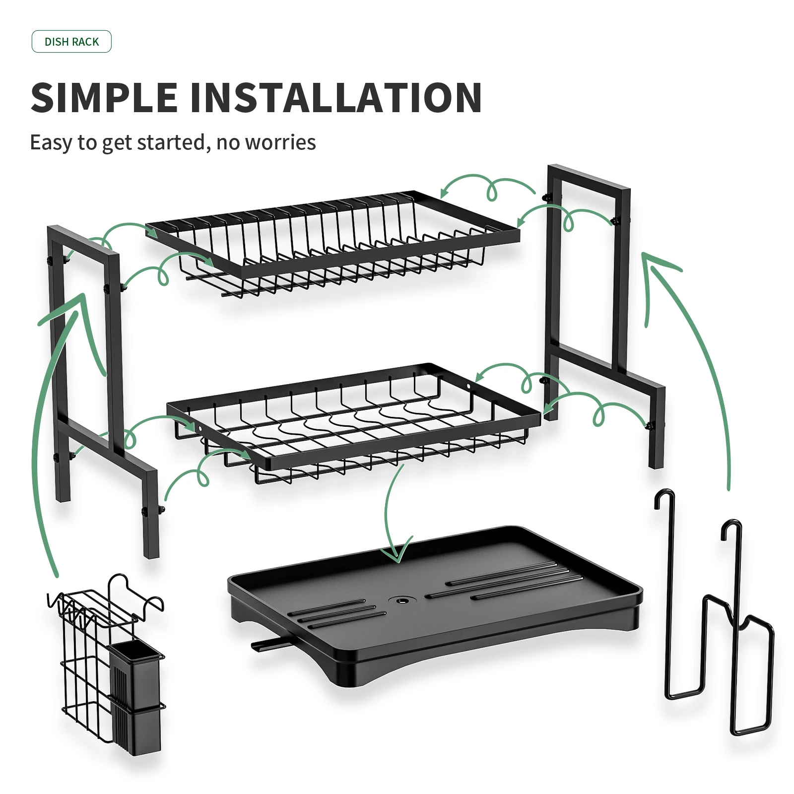 2-tier Dish Storage Rack with drained board Kitchen tablewares Multifunctional Organizer Black