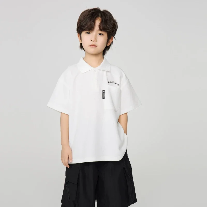 

2025 Summer New Children's Comfortable Breathable Collar with Solid Color Short Sleeve Printed on the Back