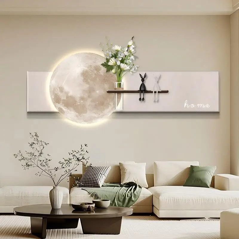 

Moon painting background wall decorative painting light luxury living room high sense creative wall lamp bedroom mural solid woo