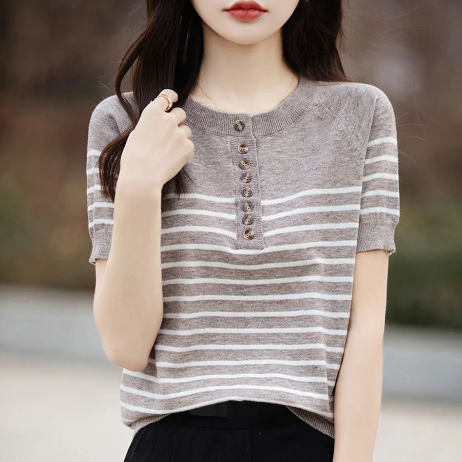 O-Neck Stripe Knitted Sweater Shirt For Women Summer Short Sleeve Thin Casual Pullover T- Shirt Korea Fashion Knit Tops Girl