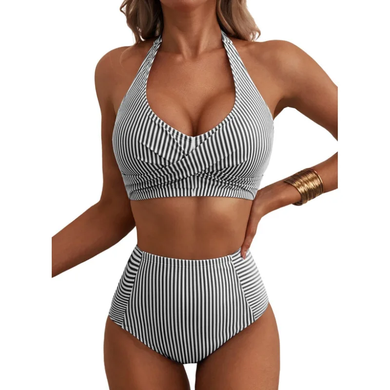 Striped Split Swimsuit for Women Two-piece Fashion Bathing Suit Holiday Beachwear Swimwear Summer High Waist Bikini Set