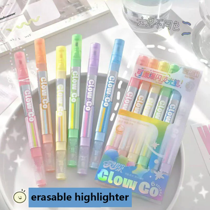 wholesale-10-sets-pretty-glitter-erasable-highlighters-kawaii-stationery-supplies-school-study-marker-pens-stationery-aesthetic