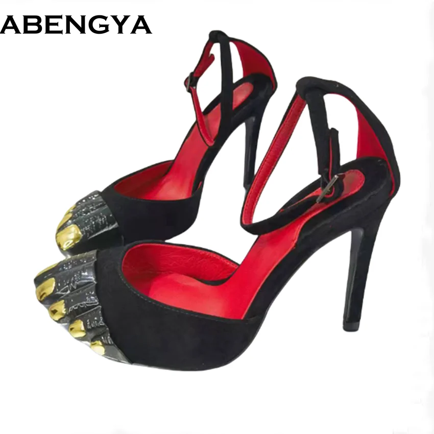 

2025 Spring Gold Finger High Heels Women Pumps Ankle Strap Leather Sandals Fashion High Heel Party Shoes For Women Sandals Mujer